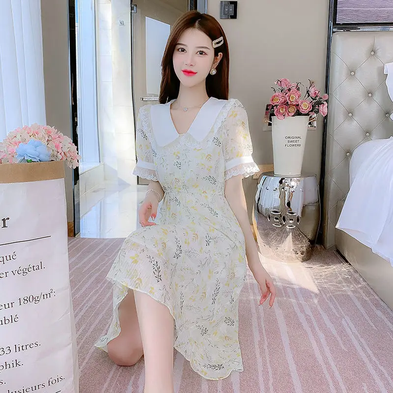 Chiffon Peter Pan Collar Lace Print Mid-calf Dresses Empire Button Puff Sleeve Slim Pullover Summer Fairycore Women's Clothing