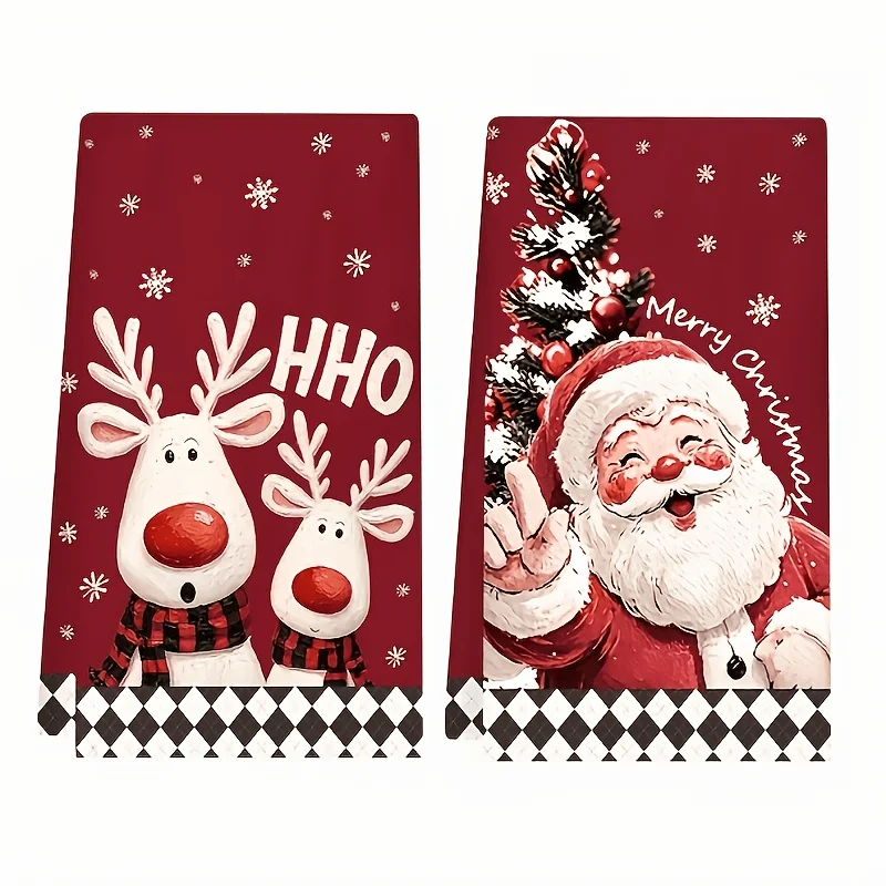 2Pcs Christmas Hand Towels 16-24in Santa Reindeer Pattern Black White Plaid Soft Absorbent Polyester Tea Towels Xmas Gift Bathro