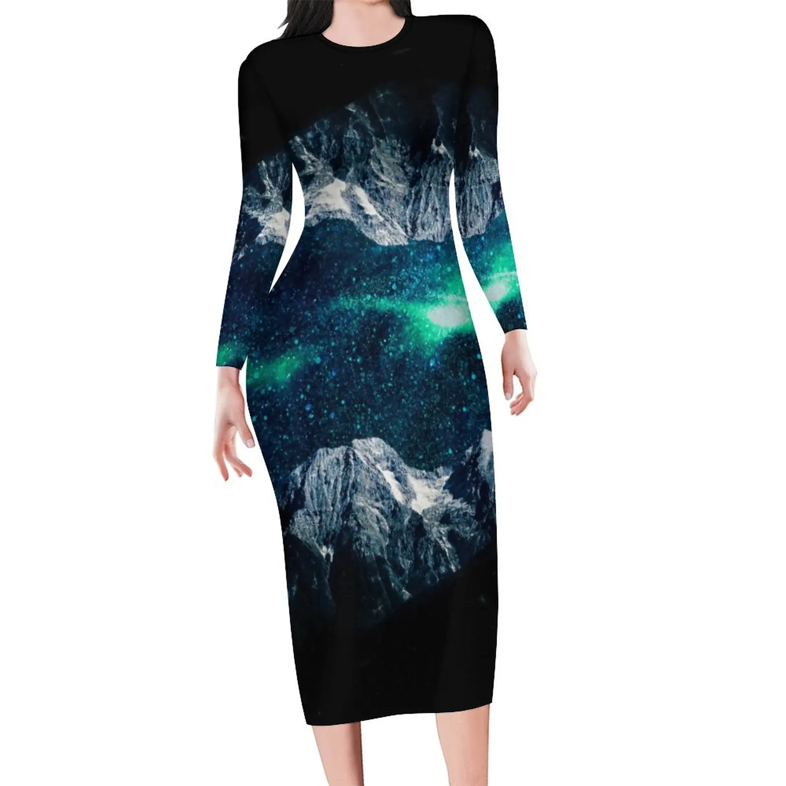 Abstract Mountain Bodycon Dress Spring Galaxy Print Elegant Dresses Women Long Sleeve Graphic Street Style Dress 3XL 4XL 5XL