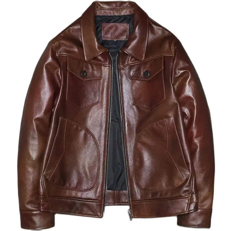 

Men's crystal oil wax top layer soft cowhide leather jacket new list high-end quality slim short lapel farmer's casual coat