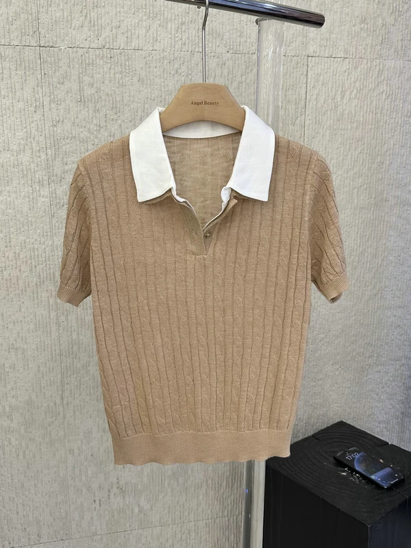 

Style Color Block Knitted Shirt Women's Simple Design Double Collar Half Buttoned Spring Summer Casual Fashion