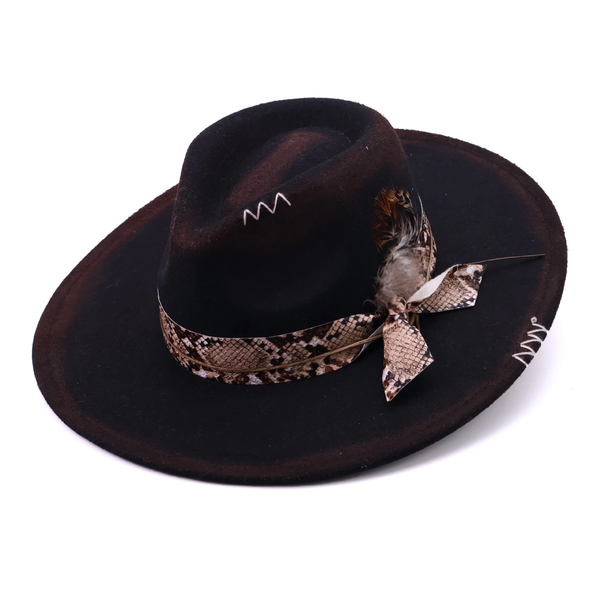 New Flat-Brim Western Cowboy Hat with Snakeskin and Feather Accents