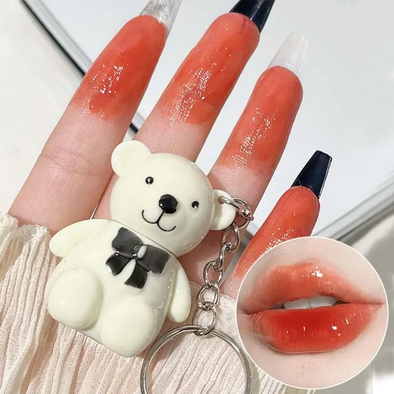 Sleutelhanger Lip Glazuur Schattige Beer Jelly Spiegel Vloeibare Lipstick Waterdichte Non-stick Cup Rood Roze Lipgloss Transparant Getinte Make-up