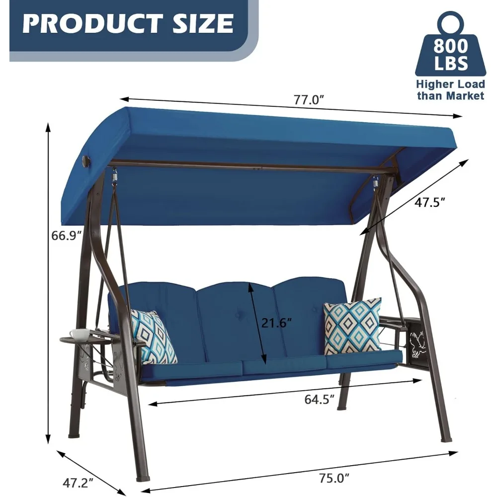 3-Seat Outdoor Porch Swing w/ Stand Canopy Convertible Bed Chair Patio Yard, Custom