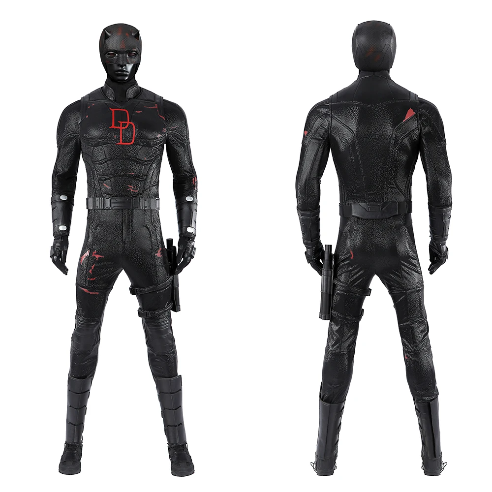 

Костюм для косплея Daredevil Matt Murdock, мужской черный кожаный комбинезон, маска на голову, полный комплект, боди для вечеринки в честь супергероя на Хэллоуин