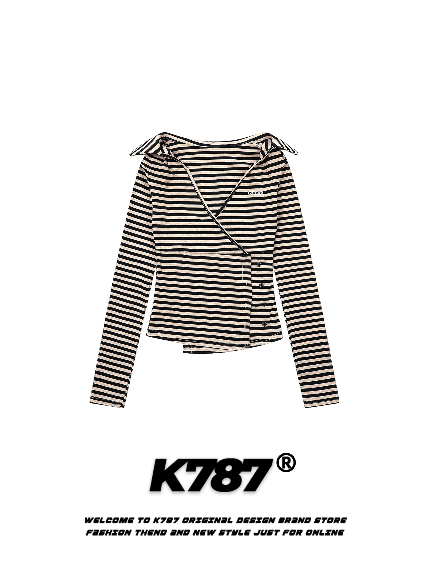 

Slimming American Retro Striped Asymmetrical Long Sleeve T-Shirt Women Base Layer Shirt Top Casual Style Cotton Polyester Blend