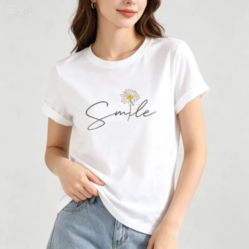 Female Tee Handwritten Smile Letter Combined With White Daisy Floral Print Soft Aesthetic Streetwear Basic Crew Neck T-shirt