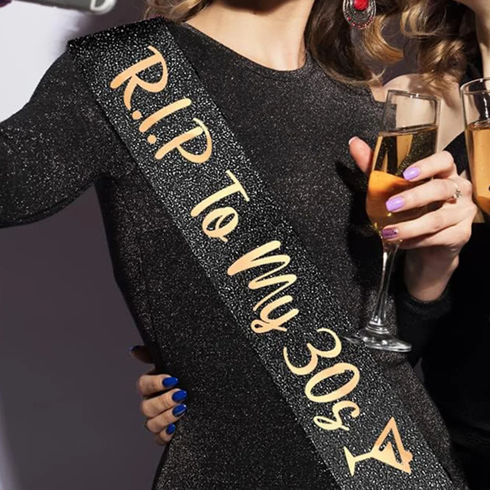 RIP Party Forever 20 s 40 cumpleaños Sash RIP to My 30s Decoración su hecho de tela negra con purpurina con letras en oro rosa Mujer