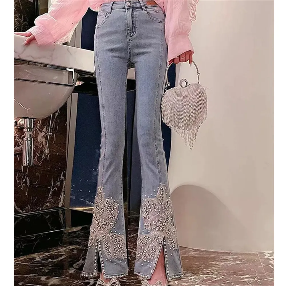 Design Sense Niche Heavy Industry Nail Bead Slit Jeans For Women'S 2024 Summer Wear New High Waisted Slimming Micro Flared Pants