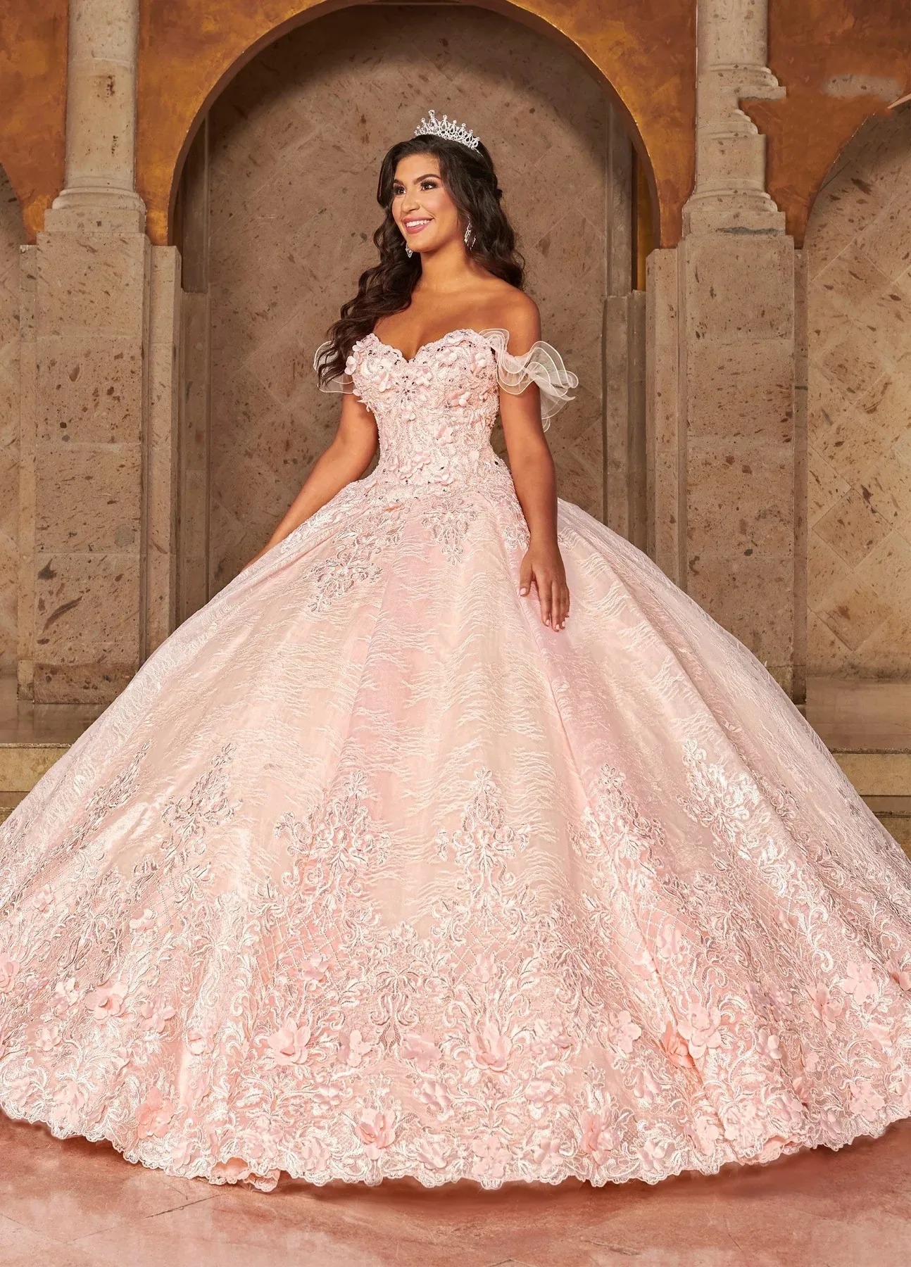 Rosa Charro Quinceanera Vestidos Ball Gown Querida Apliques Lace Flores Puffy Mexicano Doce 16 Vestidos 15 Anos