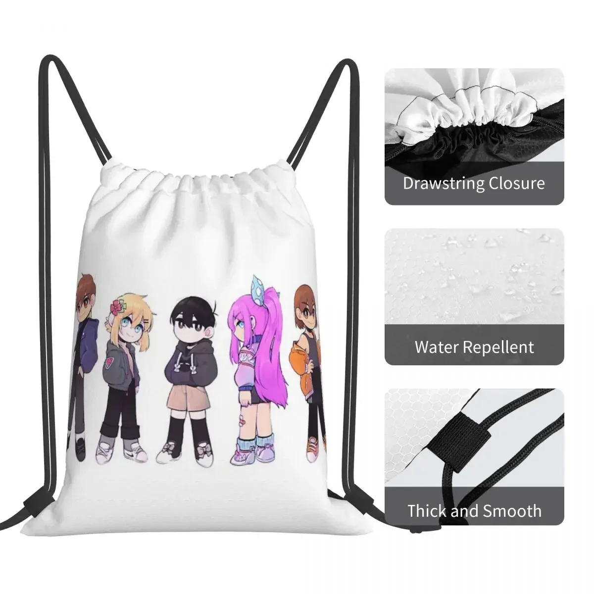 Mochilas Omori Anime Video Game, sacos de cordão portáteis casuais, saco de esportes do bolso do pacote, sacos de livros para homem e mulher