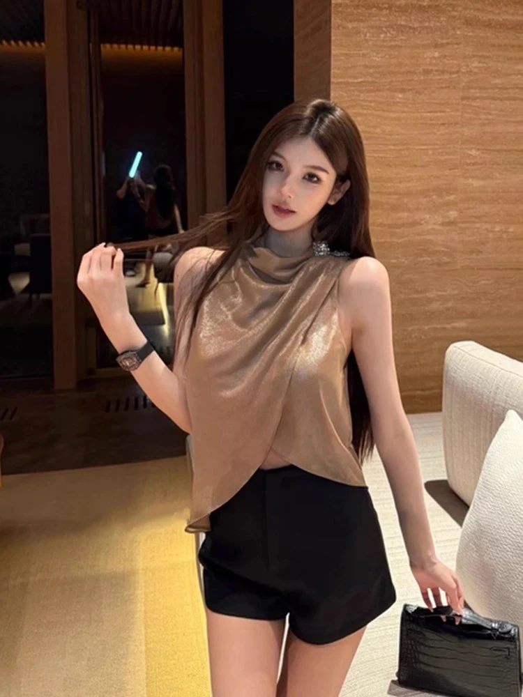 

SYJ Shuyijia: Роскошный асимметричный топ без рукавов для женщин, блестящий модный жилет, повседневный летний наряд с завышенной талией