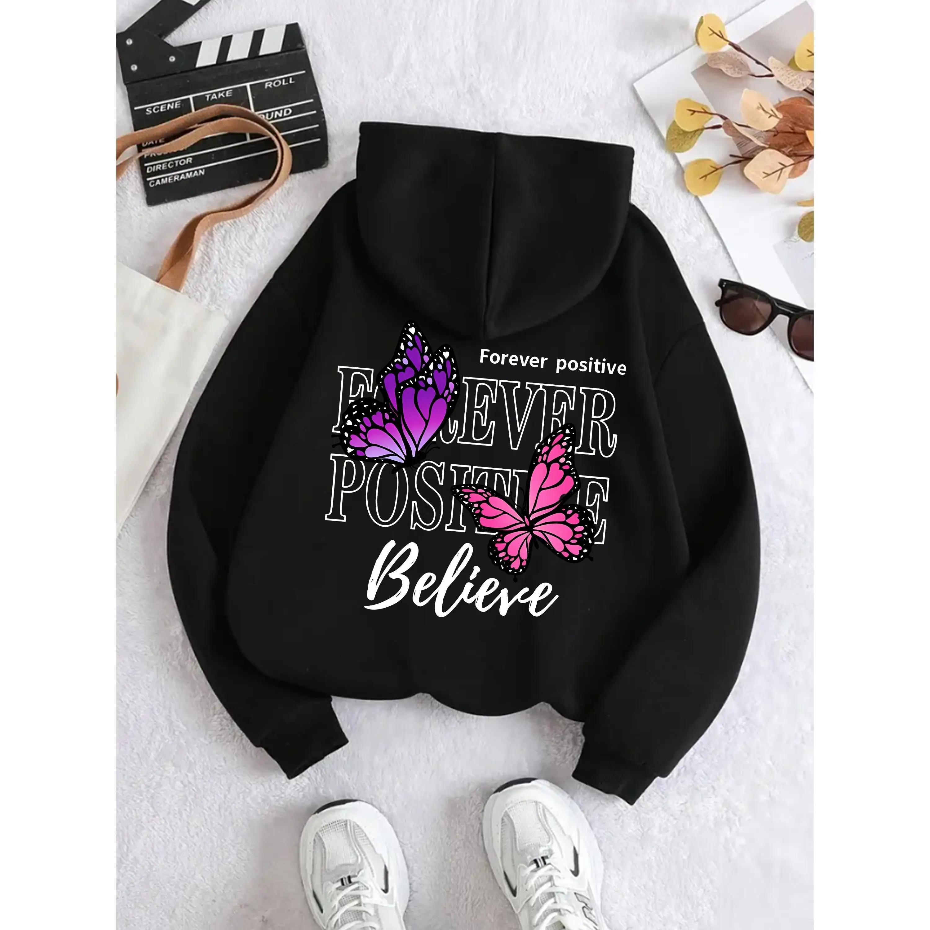 

Women's "FOREVER POSITIVE" Hoodie Fall Butterfly Print Pullover Inspirational Believe Graphic Loose Long Sleeve Top