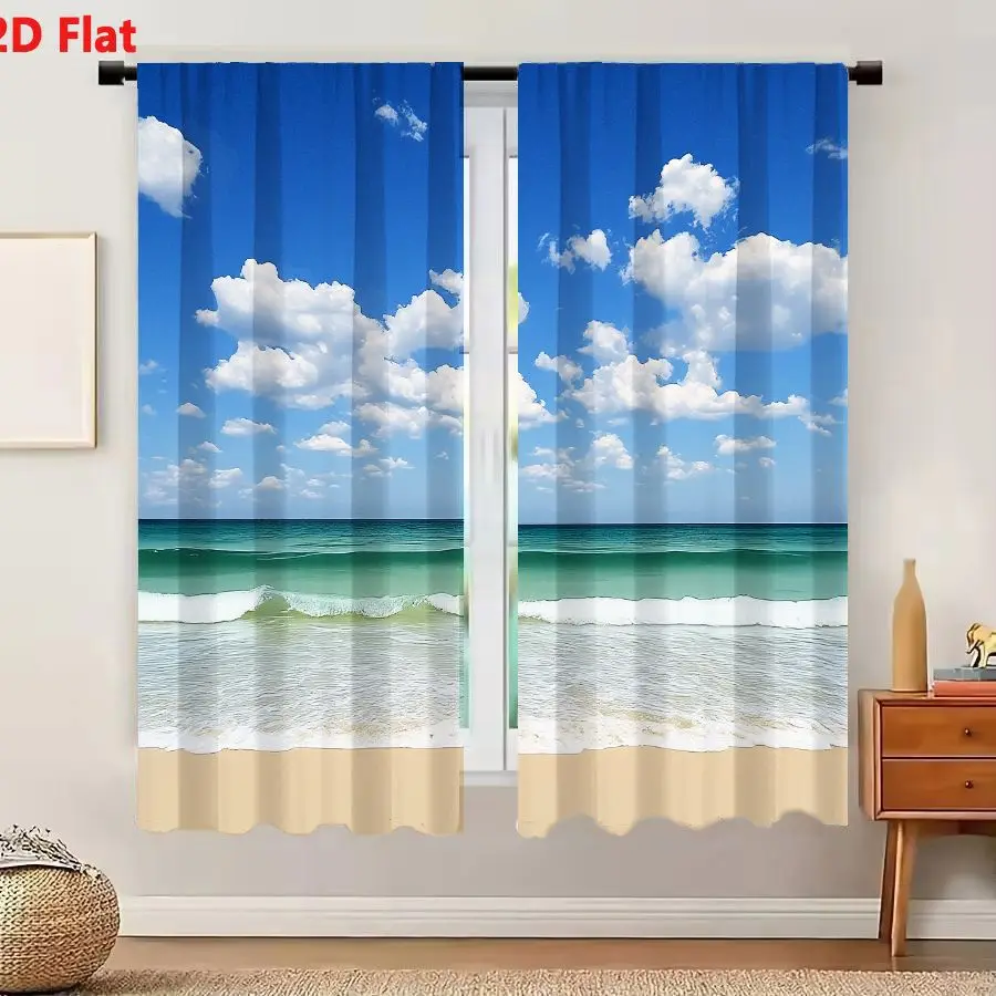 2Pcs Curtains 2D Flat Serene Beach Scene With Blue Sky And Turquoise Ocean Window Drapes for Bedroom Room Decor Decoration Windo
