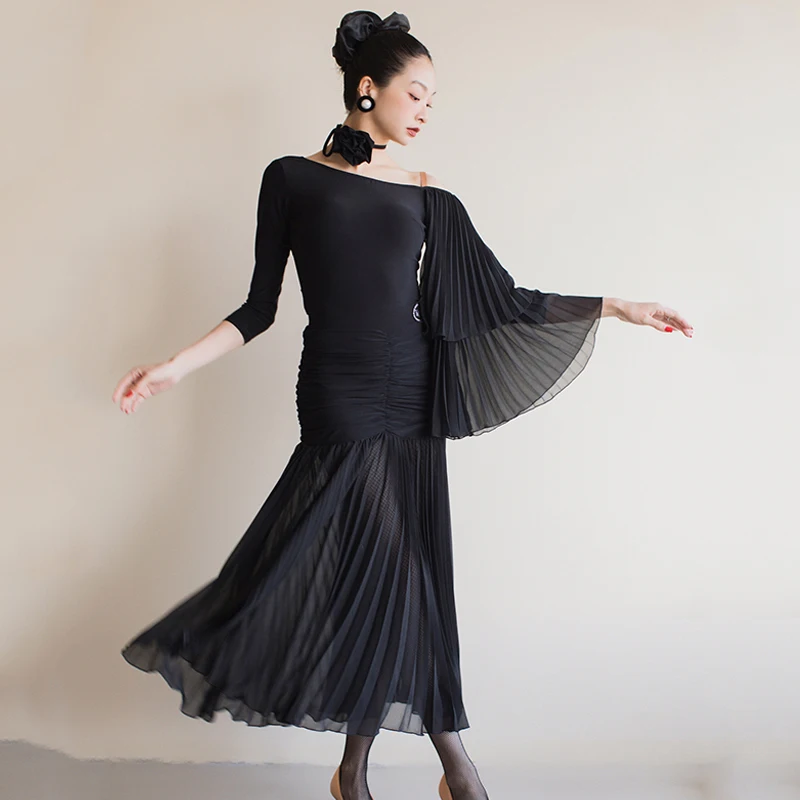 

2025 Waltz Dress Black Ballroom Dance Dress Standard Modern Dancing Costume Waltz Competition Dancewear Frill Dance Skirt 1384