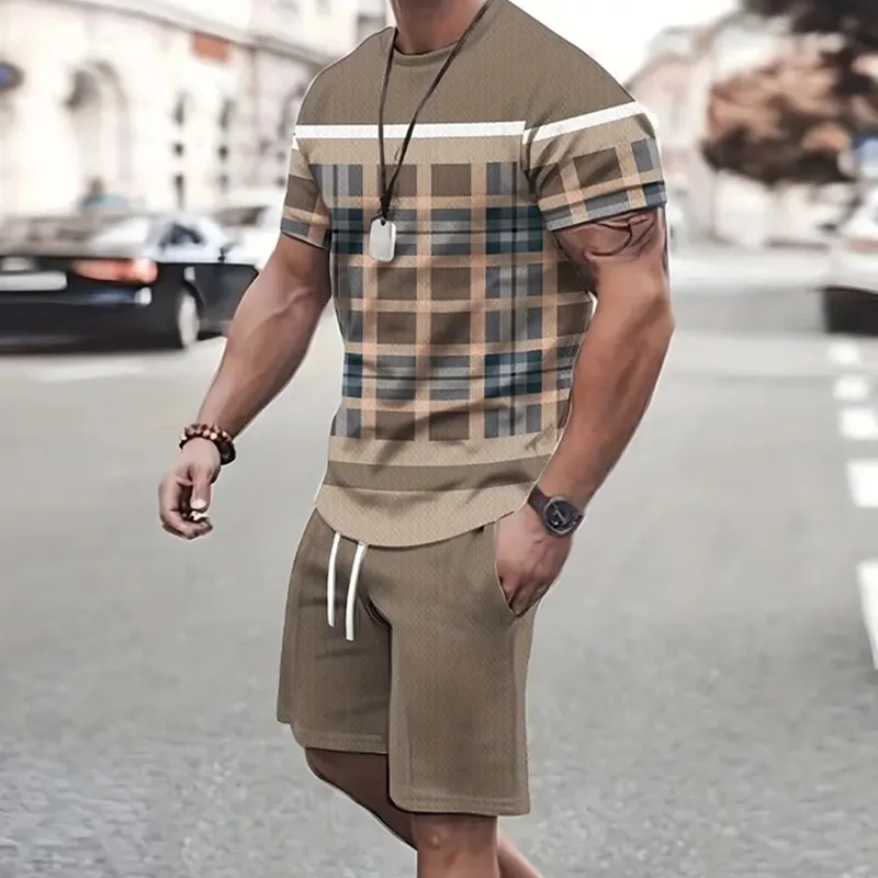 Fashion Men\'s Sportswear Short Sleeve T Shirt +Sports Shorts 2pcs set Summer Casual Vintage Patchwork Suit Men Two Piece Suit