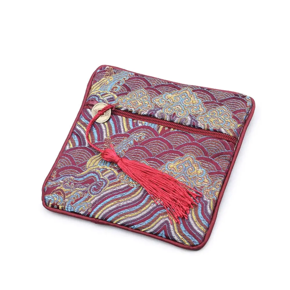 

Chinese Style Silk Jewelry Organizer Coin Purse Sea Wave Pattern Brocade Pouch Blessing Bag Zipper Bag Jewelry Storage Bag