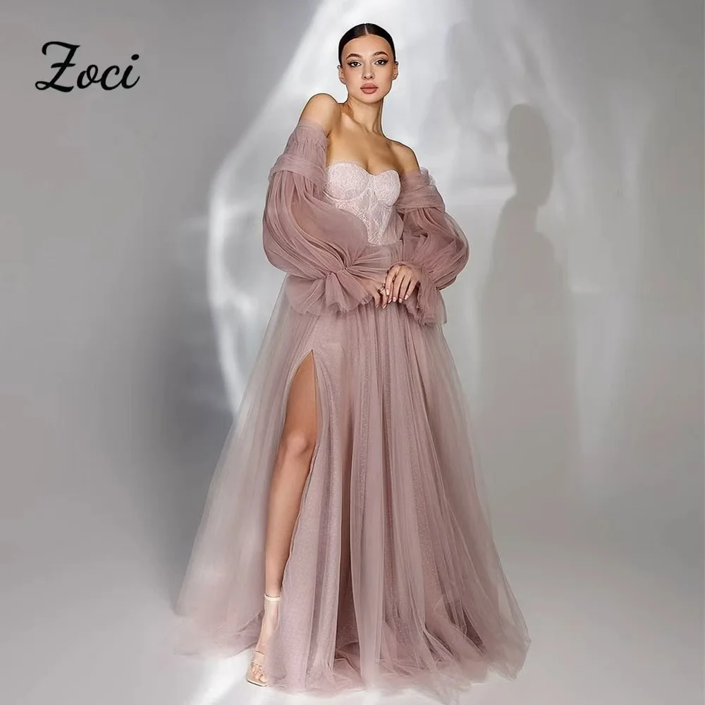 

Zoci Sweetheart Pink Shiny Tulle Prom Dresses Customized Off Shoulder Long Puff Sleeve Evening Party Gowns Slit Wedding Dress
