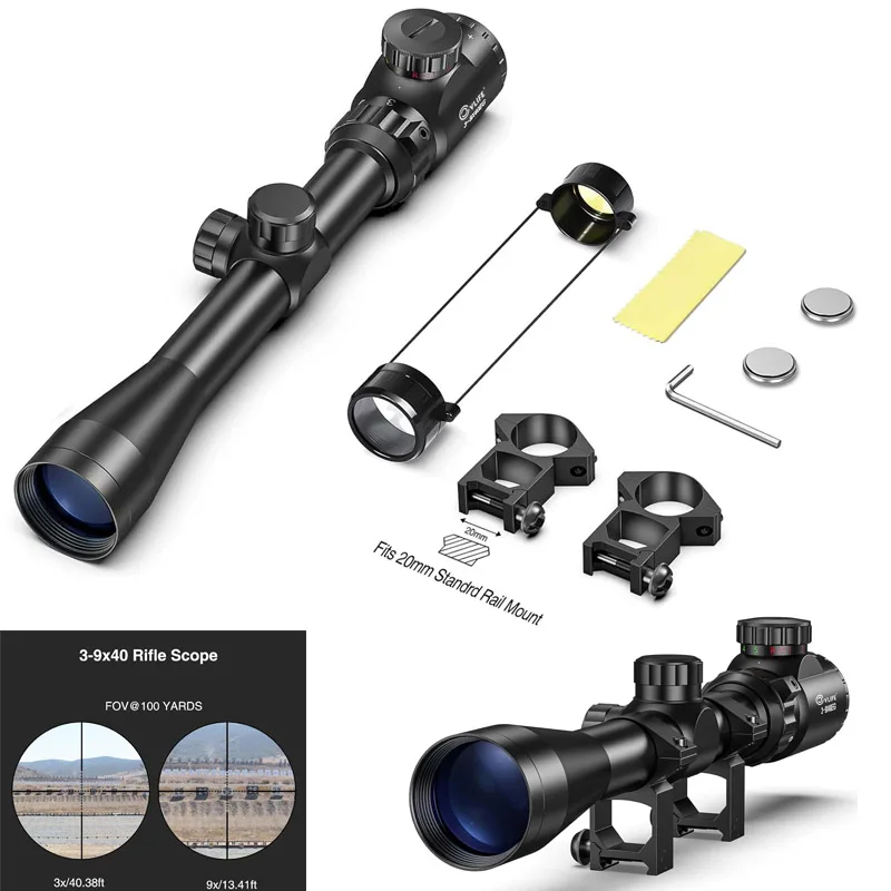 

3-9x40 Rifle Scope Red Green Illuminated Optical Sniper Riflescope with Mounts Mil Dot Fit Free Crosshair for Hunting