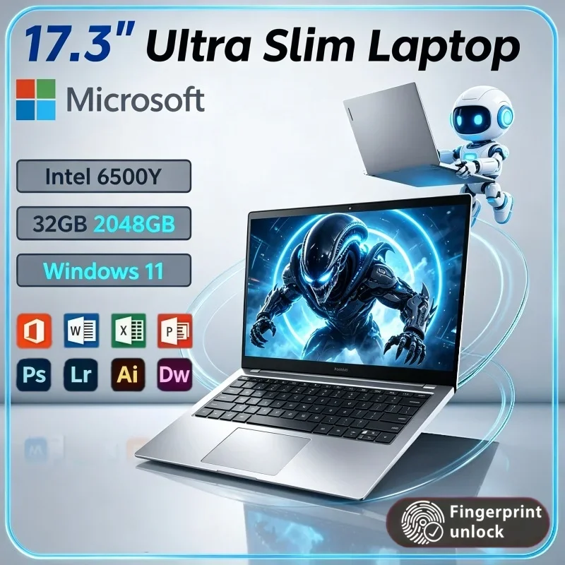 17.3 Inch Notebook Intel 6500Y Windows 11 32GB RAM 2TB SSD Fingerprint Unlock Laptop For Student Home Study & Office Work