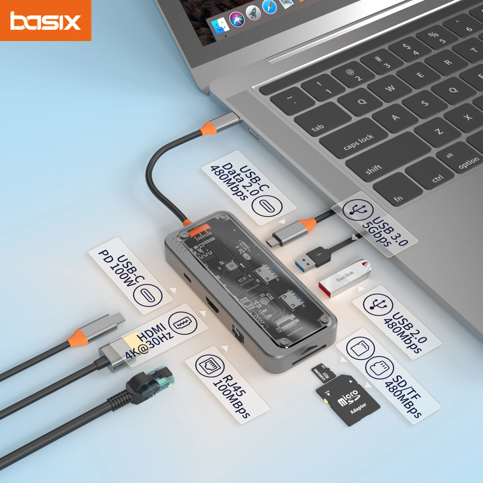 USB C Docking station zu HDMI-kompatiblem 4k @ 30Hz Display 5 Gbit/s USB C 3,0 Hub 100W PD SD/TF für MacBook Pro Air iPad PC