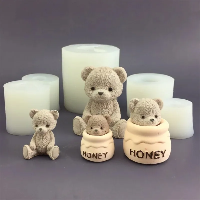 Cute Bear Honey Jar Silicone Candle Mold Chocolate Cake Ice Cube Mold Aromatherapy Plaster Drop Glue Mold Candle Making Supplies