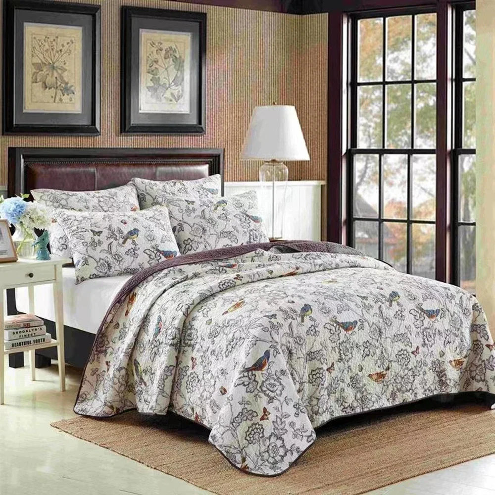 

3pcs cotton Bedspread on the Bed flowers and birds printed double bedspreads and coverlets Mattress topper Couple bed quilt set