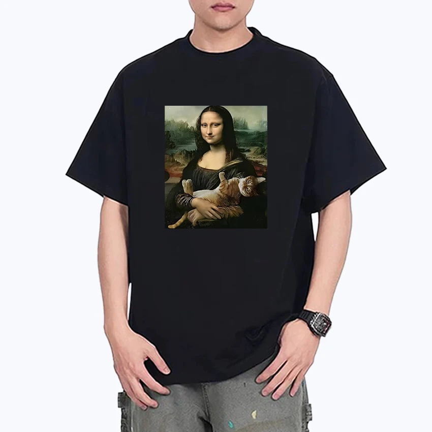 

Summer 2025 Mona Lisa and Cat Funny Tee shirt 100% Cotton Men Women short sleeve Unisex t-shirts plus size print vintage tops