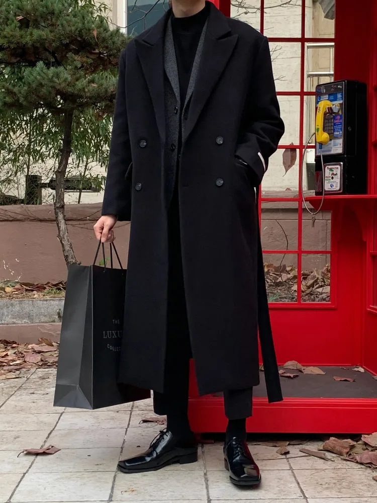 

Men's Winter Thiened Woolen Coat Long Over-Knee plus Size Loose Korean Sle High-End Feeling Men's Windbreaker Outerwear