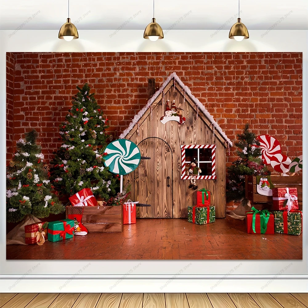 Sfondo di fotografia di natale casa di legno di natale decorazioni per alberi di caramelle sfondo forniture per feste di compleanno per bambini