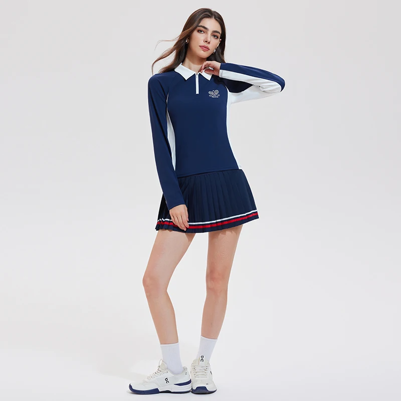 High Quality Fall Casual Outfit Long Sleeve Zip Front Belted Top Mini Tennis Skirt Womens Two Piece Set
