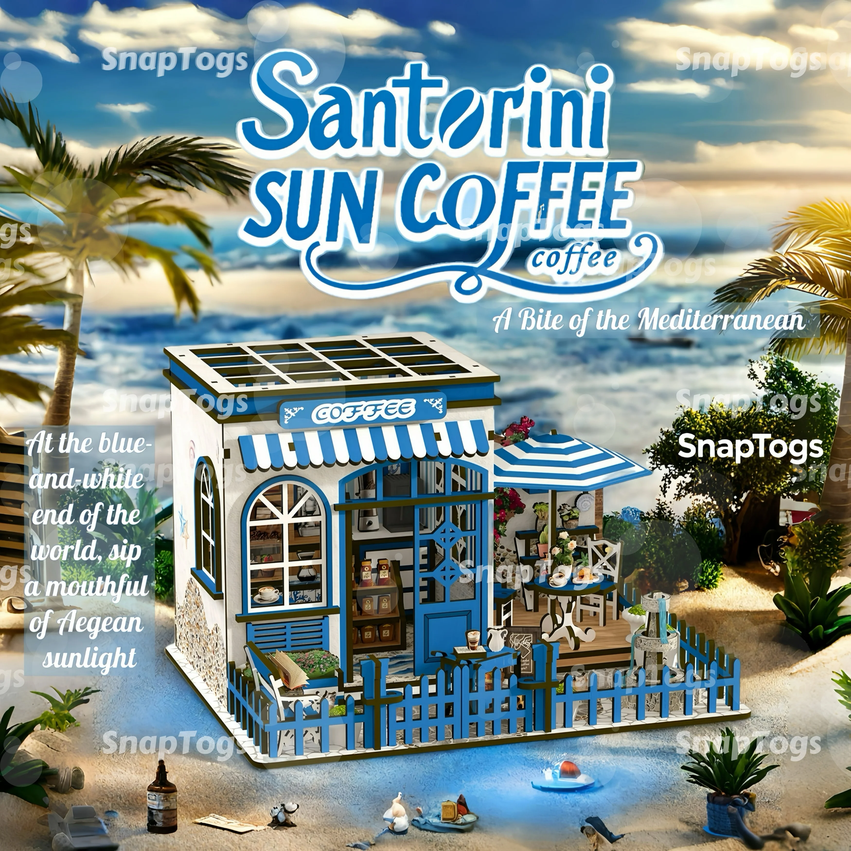 

SnapTogs Santorini Sun Coffee DIY Miniature House Kit | 317PCS LED - Lit & Touch Switch Fun & Easy Leisure Assembly For Gift