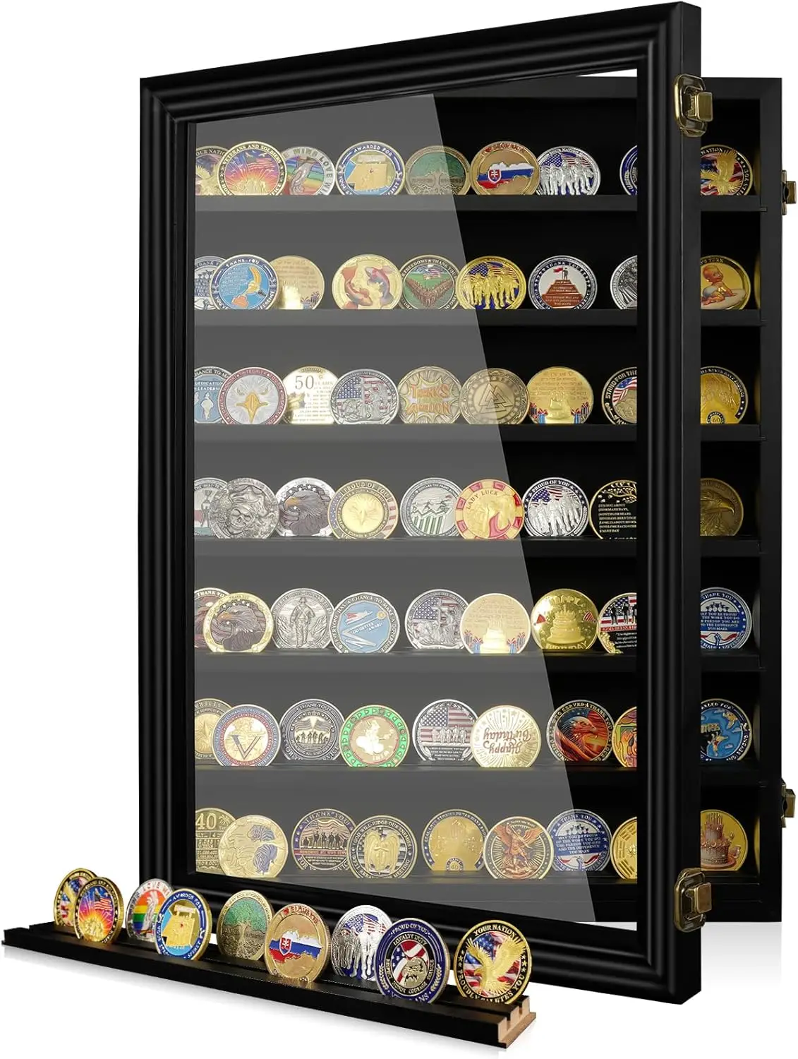 

Витрина для монет из массива дерева на 7 рядов с закаленным стеклом, вмещает 100 монет, для настенного или настольного крепления