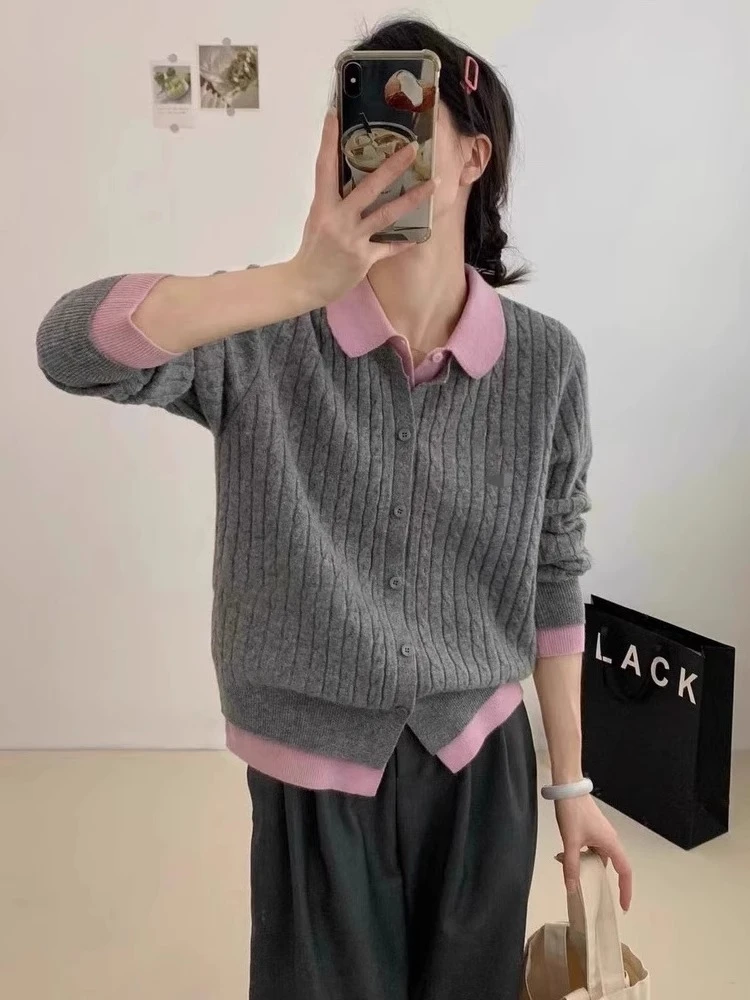 Europe station polo neck long sleeve cashmere sweater fake two-piece stitching design sweater loose casual sweater