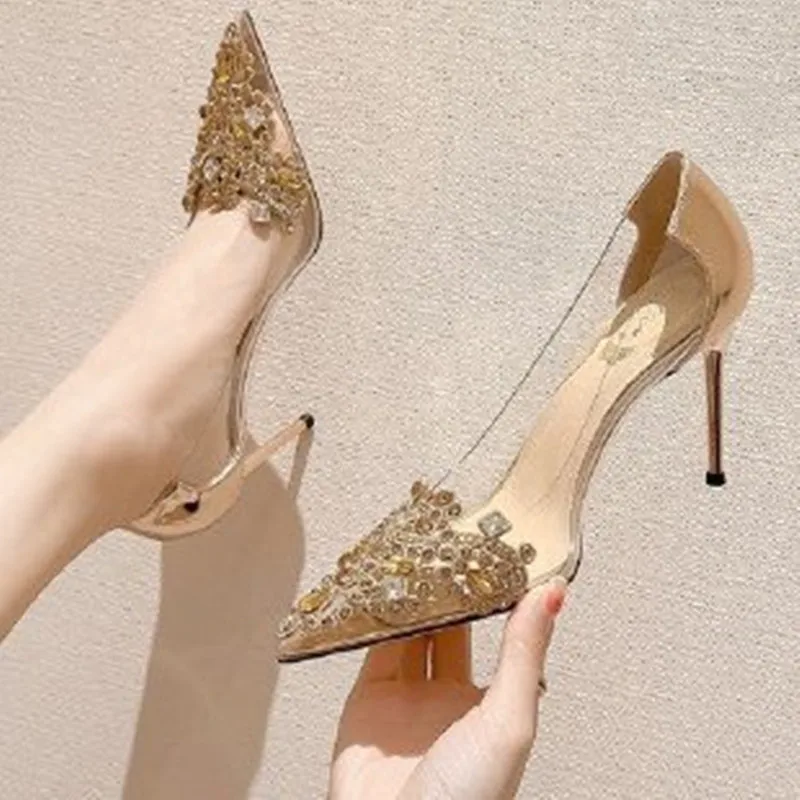 2024 Gold  Heels Transparent Stiletto Fine Heeled Shoes Branded Pumps Slip On Sandals Ladies Pointed Wedge Latest Lace-Up Golden