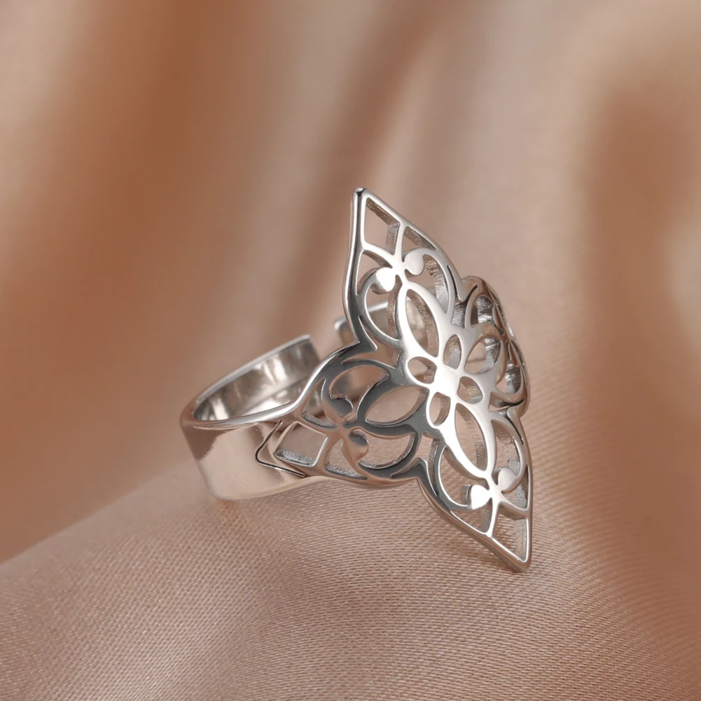 Lucktune Flower of Life Rings Stainless Steel Witch Filigree Adjustable Finger Ring for Women Men Vintage Jewelry Couple Gift