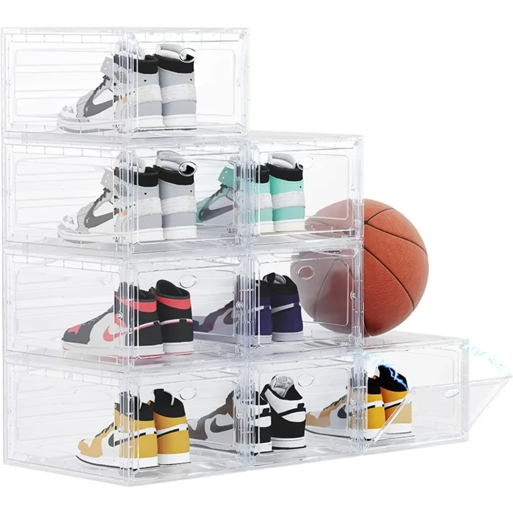 USA 15 Entry Shoebox Storage, 8 Pack Shoebox Stackable Closet, Front Drop Large Plastic Shoe Container To Collect Sneakers