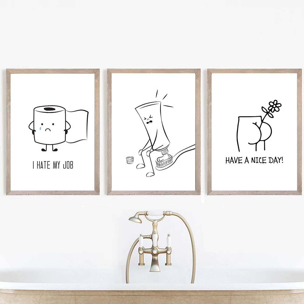 

Bathroom Funny Booty Wall Art Print I Hate My Job Toiletpaper Roll Poster Humoristic Restroom Wall Decor Pooping on Toothbrush