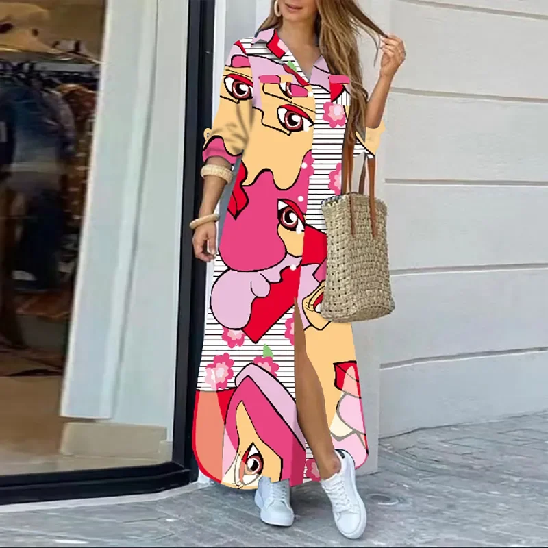 Vestido Maxi Vintage estampado feminino, Vestido de camisa, Gola virada para baixo, Manga comprida, Botão, Vestido de verão, Moda, 2023