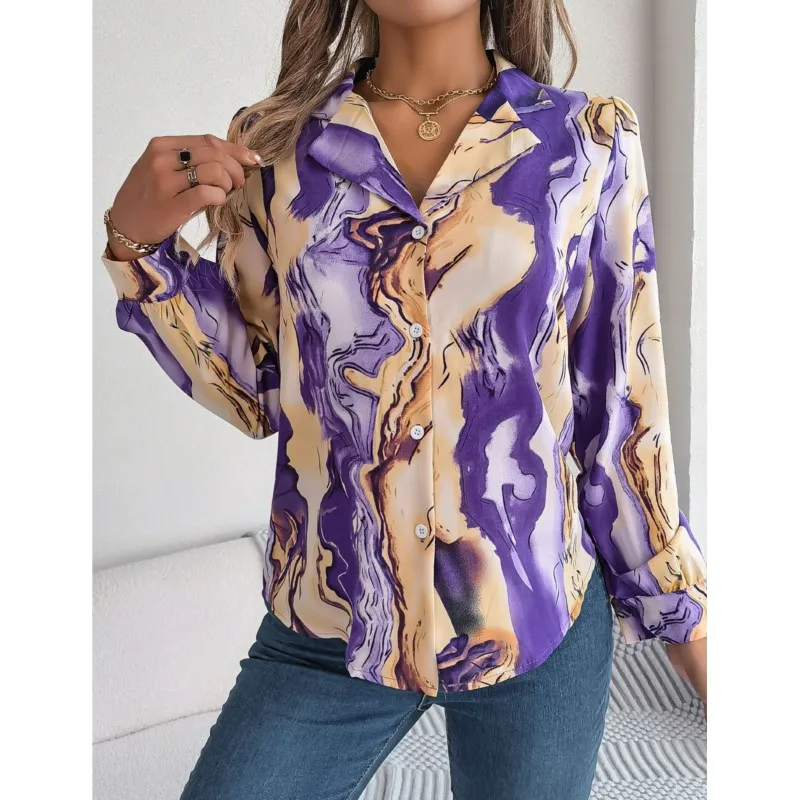 2024 Spring/summer new casual contrasting striped suit collar long sleeved shirt women's clothing