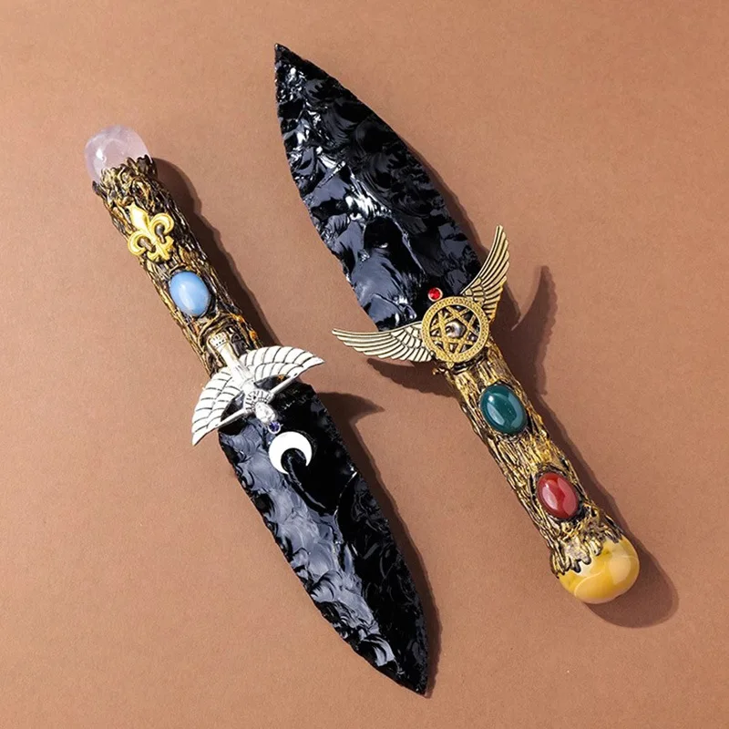 Handmade Obsidian Witcher Sword Engrave Natural Stones Swords Crystal Stones Magical Witchcraft Supplies Energy Home Decorations