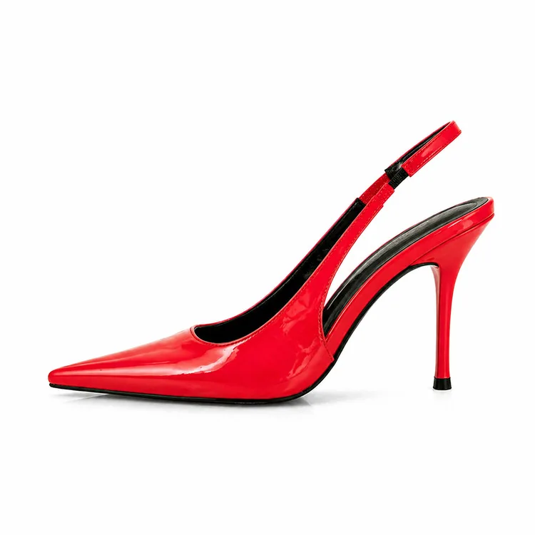 Women's Red Patent Leather Pointed Toe Slingback Stiletto High Heel Pumps Elastic Back Strap Sexy Classic Fashion Office Heels
