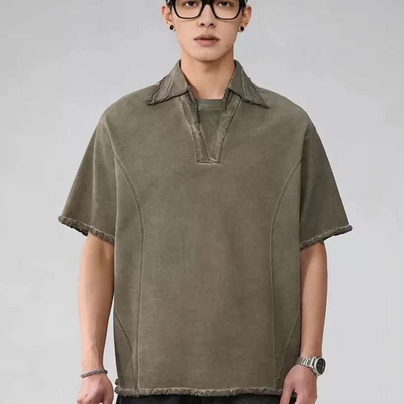 

Summer New Style American Style Retro Washing Distressed Wasteland V-Neck Short Sleeve Polo T-shirt Street Fashion For Man