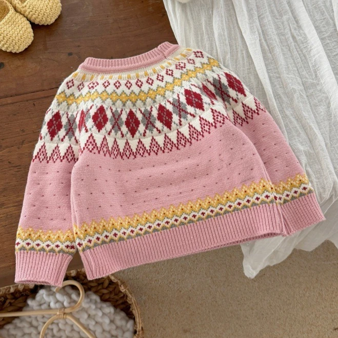 Girls Sweater 2026 Spring and Autumn New Children's Clothing Korean Style Girl Baby Fair Island Vintage Jacquard Sweater