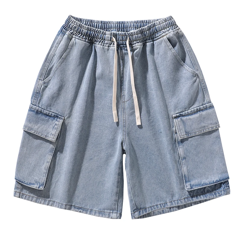 Summer New Baggy Denim Shorts Men\'s Pocket Jeans Elastic Waist Casual Blue High Street Drawstring Short Pants Streetwear