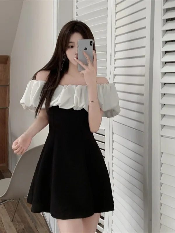 Rétro une épaule Hepburn Sle Design Sensation Small ence Jupe ort d'été pour femmes Dr Polyester doux Taille haute G...