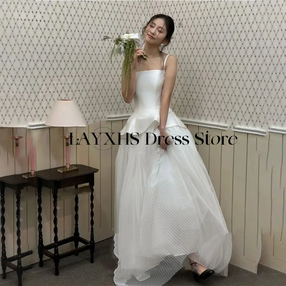 Белые свадебные платья на тонких бретельках с квадратным вырезом из тюля и атласа трапециевидной формы, корейские свадебные платья для фотосессии по индивидуальному заказу 웨딩드레스 2026