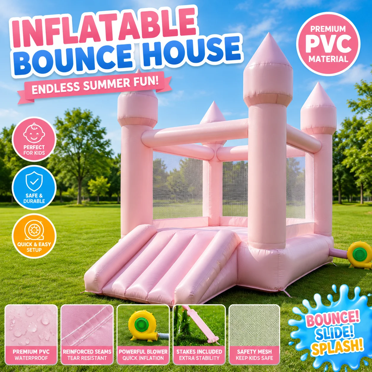 

Outdoor White Bouncy Castle Toddler Bounce House with Slide Pink Peach Kids Bounce House Indoor Children's Birthday Party Gifts