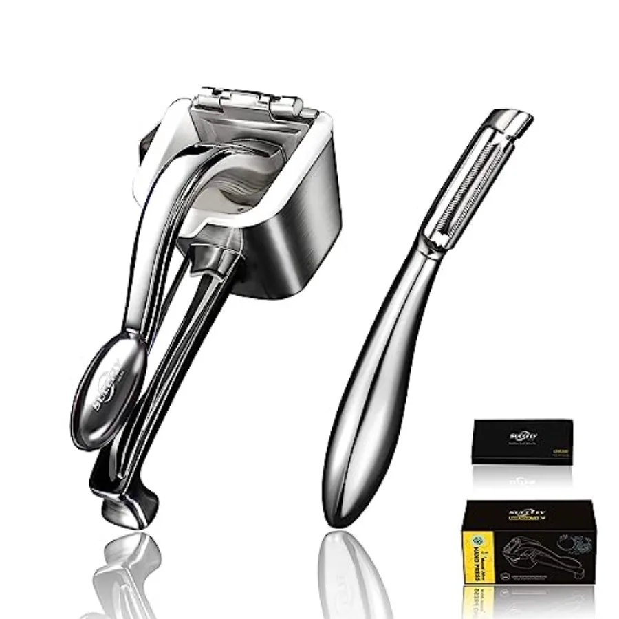 

Premium Kitchen Tool Kit Heavy Duty Manual Juicer + I Shaped Fruit Veggie Peeler Food Grade Stainless Steel Ultra Durable 5 Yea