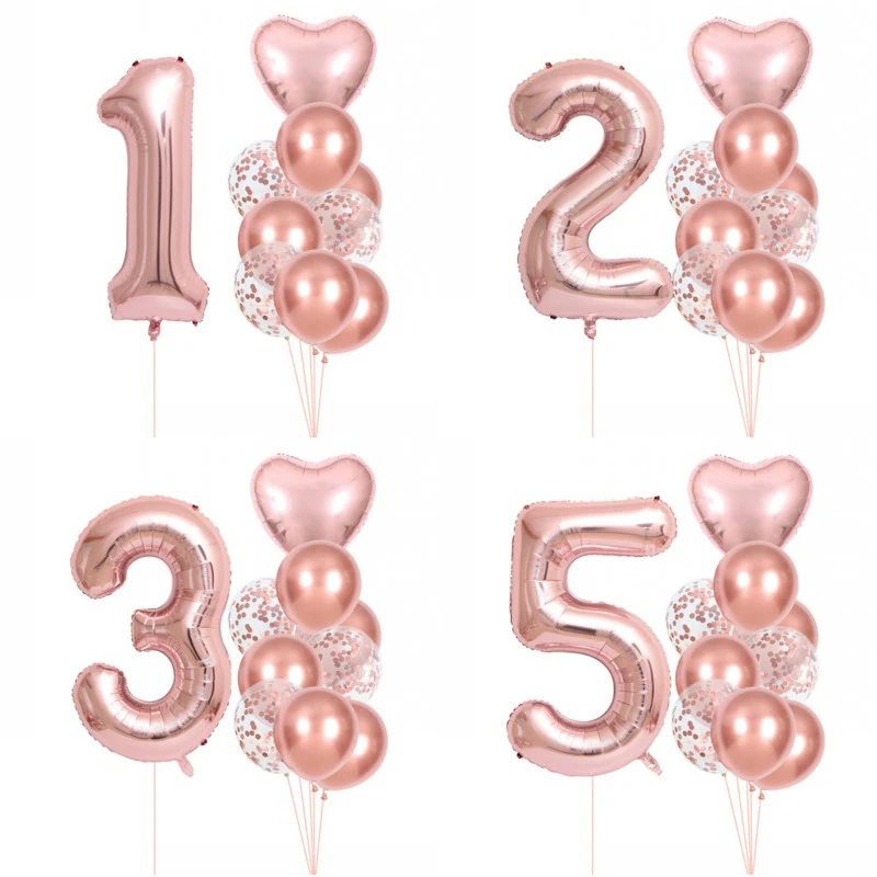 10pcs Rose Gold Number Heart Foil Balloons Happy Birthday Party Decorations Kids Girl Boy 1 2 3 4 5 6 7 8 9 Year Old Supplies